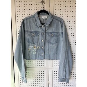 Label Rail Cheap Chic Finds Floral Embroidered Crop Denim Jean Jacket‎ Lg/12